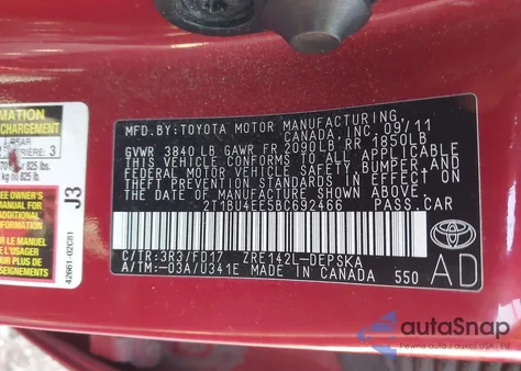 2011 Toyota Corolla S from USA, damaged, VIN 2T1BU4EE5BC692466